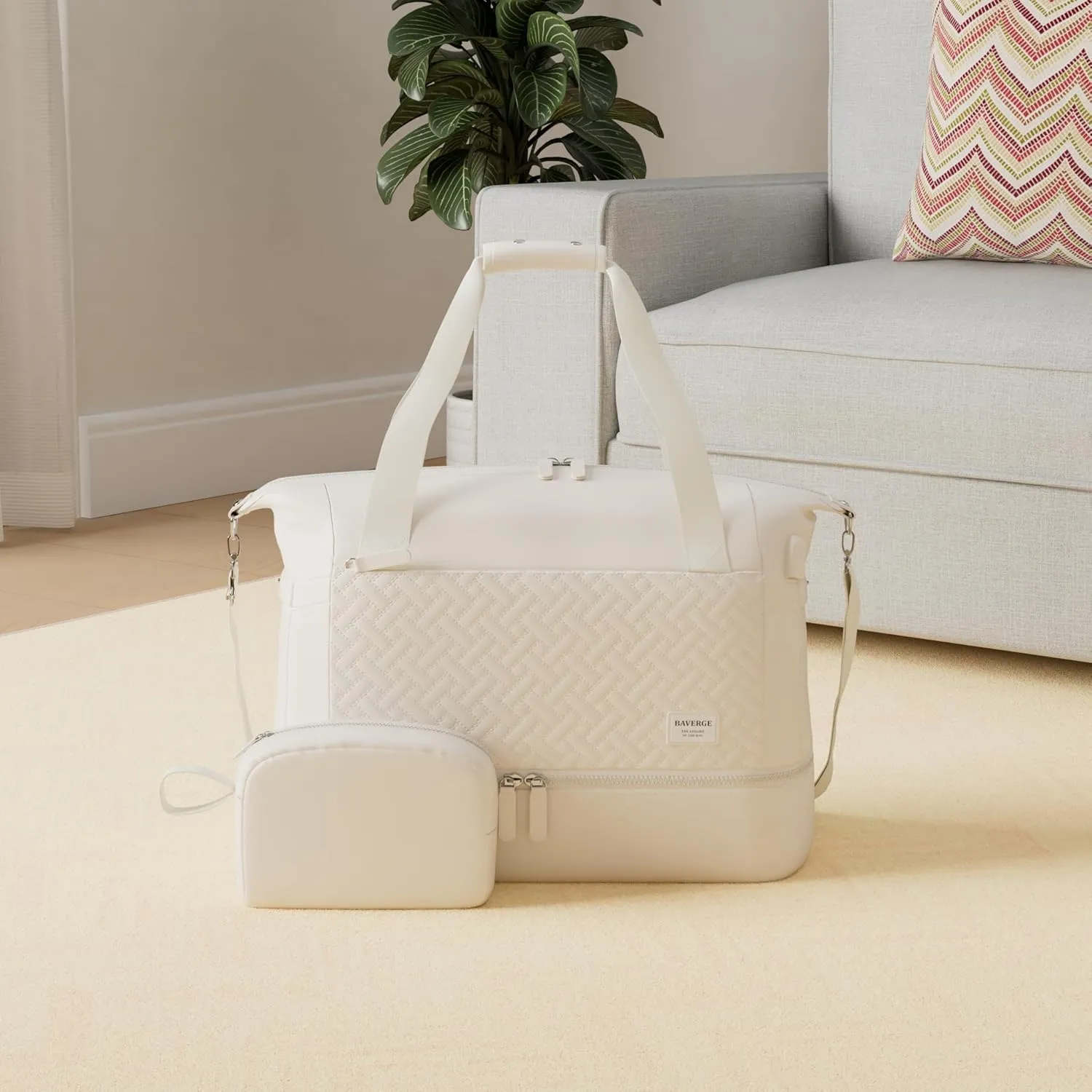 Duffle Bag for Travel, Weekender Bag with Shoe Compartment, Carry On Overnight Bag for Women with Toiletry Bag, Gym Bag with Wet Pocket, Hospital Bags for Labor and Delivery Beige