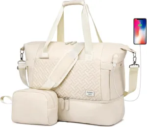 Duffle Bag for Travel, Weekender Bag with Shoe Compartment, Carry On Overnight Bag for Women with Toiletry Bag, Gym Bag with Wet Pocket, Hospital Bags for Labor and Delivery Beige