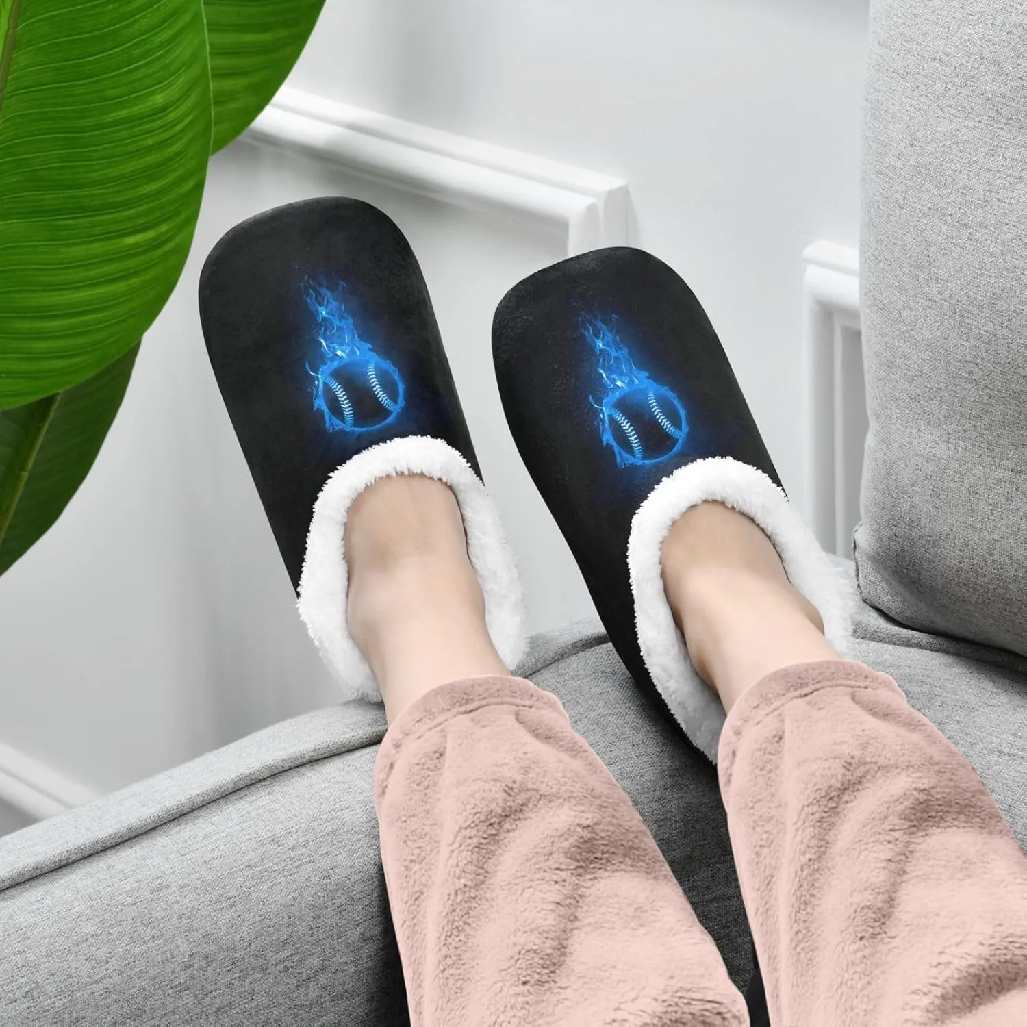 Dussdil Blue Flame Baseball Ball Home Winter Slippers Spa Travel House Slipper Soft Memory Foam Slipper Non Slip for Women Men Hotel Bedroom Shoes Slippers M