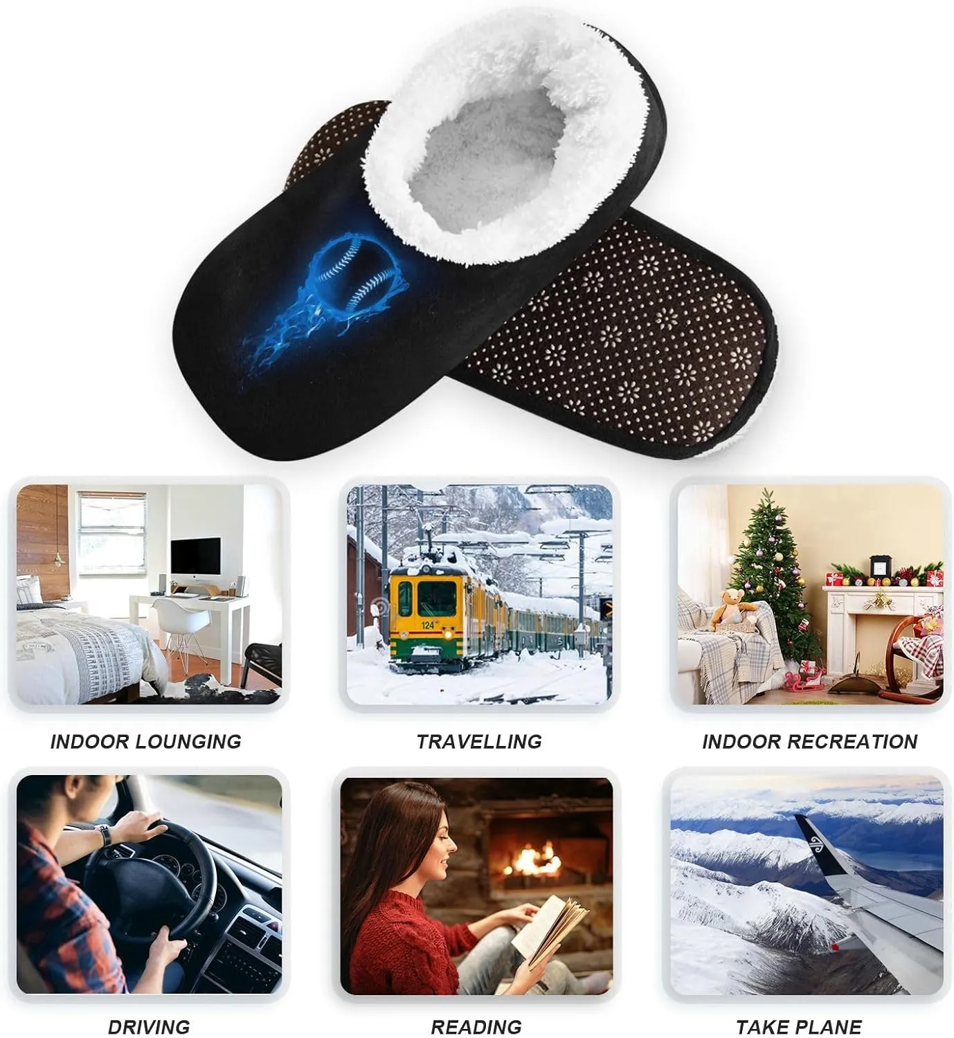 Dussdil Blue Flame Baseball Ball Home Winter Slippers Spa Travel House Slipper Soft Memory Foam Slipper Non Slip for Women Men Hotel Bedroom Shoes Slippers M