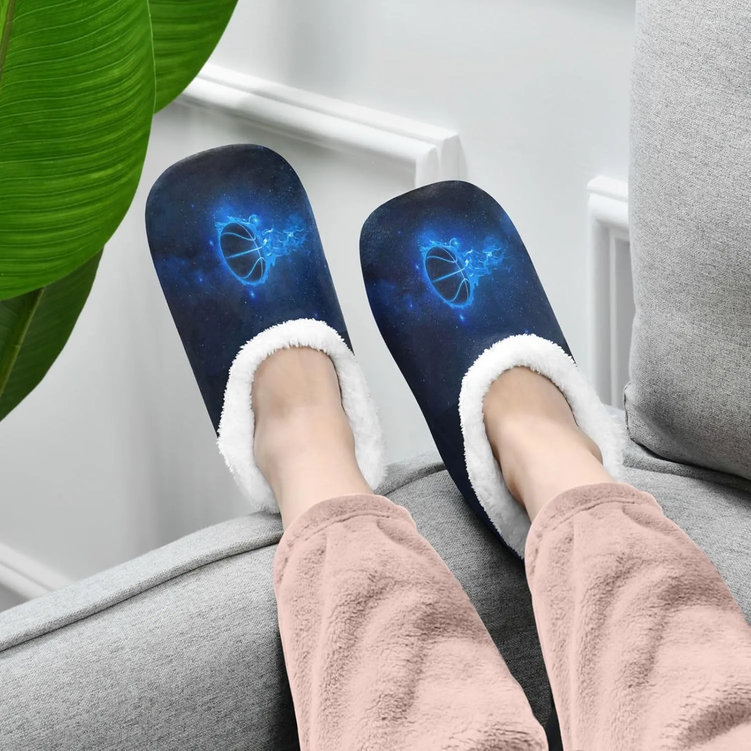 Dussdil Blue Flames Basketball Planet Home Winter Slippers Spa Travel House Slipper Soft Memory Foam Slipper Non Slip for Women Men Hotel Bedroom Shoes Slippers M