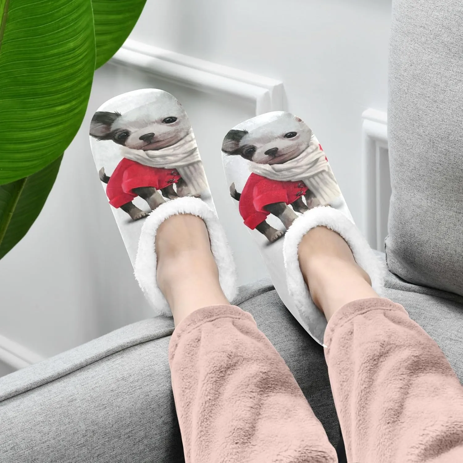 Dussdil Chihuahua Scarf Home Winter Slippers Spa Travel House Slipper Soft Memory Foam Slipper Non Slip for Women Men Hotel Bedroom Shoes Slippers M