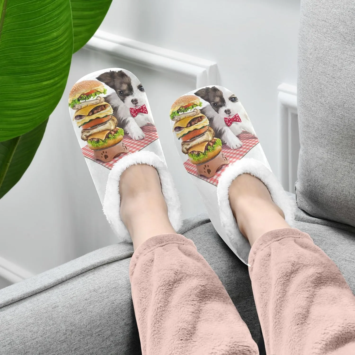 Dussdil Puppy Hamburger Home Winter Slippers Spa Travel House Slipper Soft Memory Foam Slipper Non Slip for Women Men Hotel Bedroom Shoes Slippers M