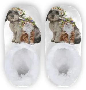 Dussdil Puppy Kitten Flowers Wreath Home Winter Slippers Spa Travel House Slipper Soft Memory Foam Slipper Non Slip for Women Men Hotel Bedroom Shoes Slippers M