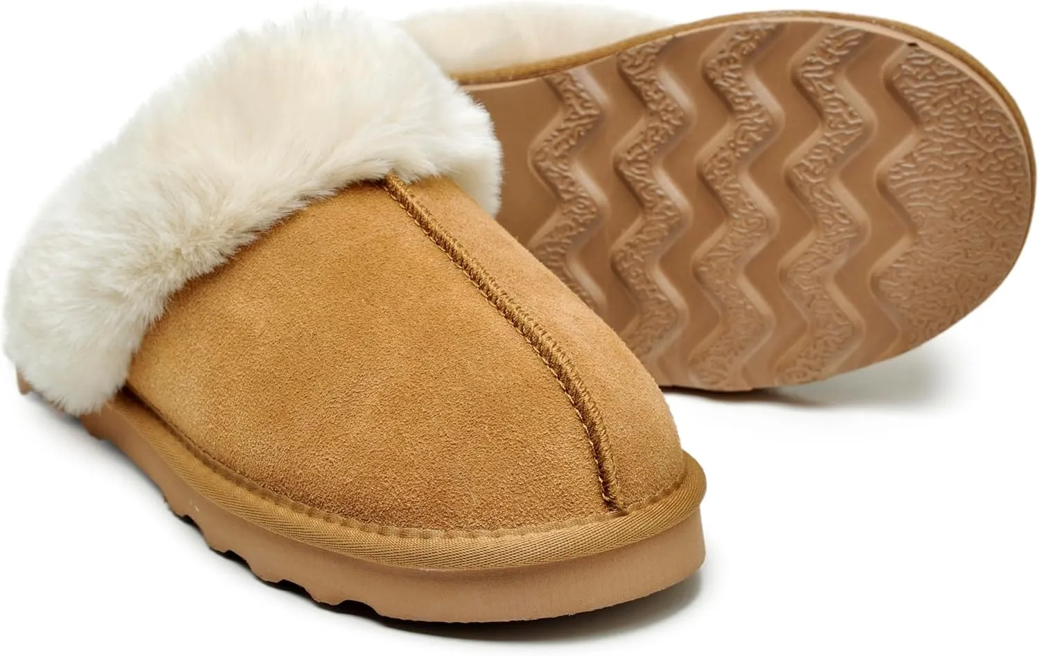 Emma Women's Winter Fur Slippers Genuine Suede Fluffy Faux Fur Memory Foam Cushion, Indoor and Outdoor