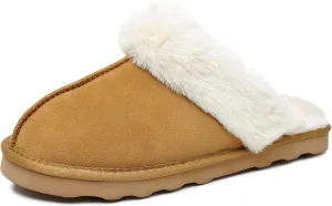 Emma Women's Winter Fur Slippers Genuine Suede Fluffy Faux Fur Memory Foam Cushion, Indoor and Outdoor