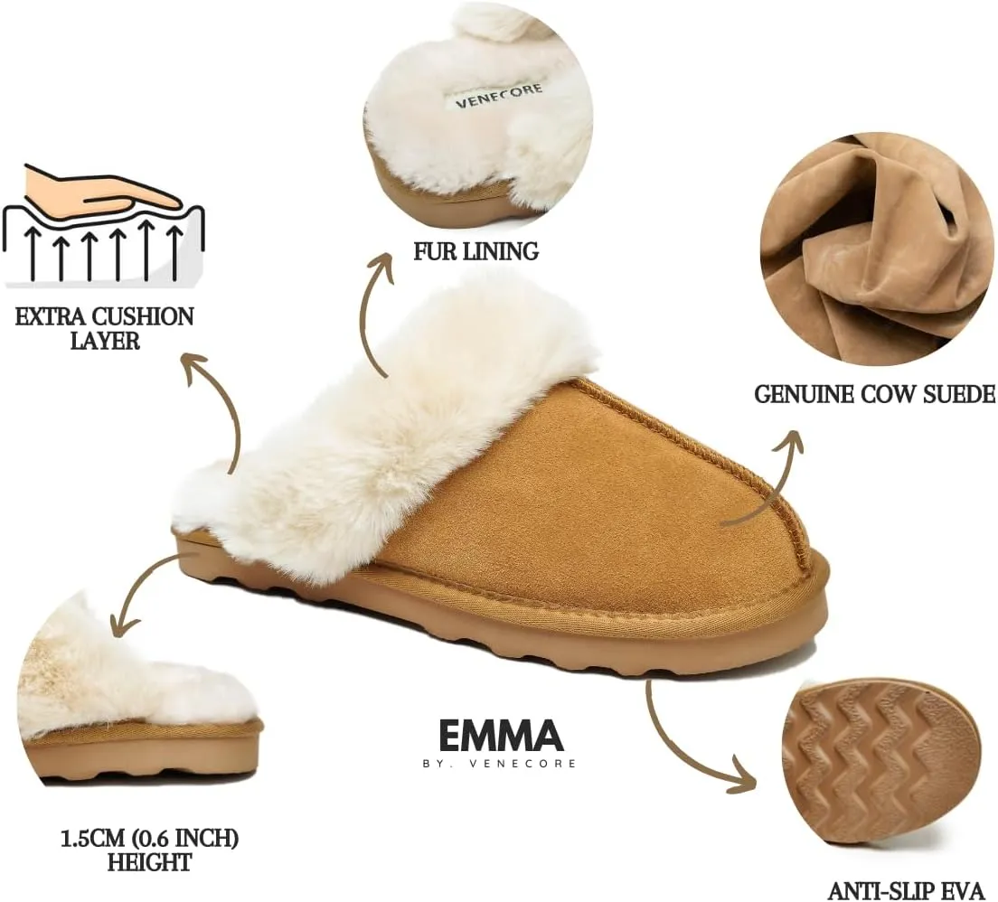 Emma Women's Winter Fur Slippers Genuine Suede Fluffy Faux Fur Memory Foam Cushion, Indoor and Outdoor