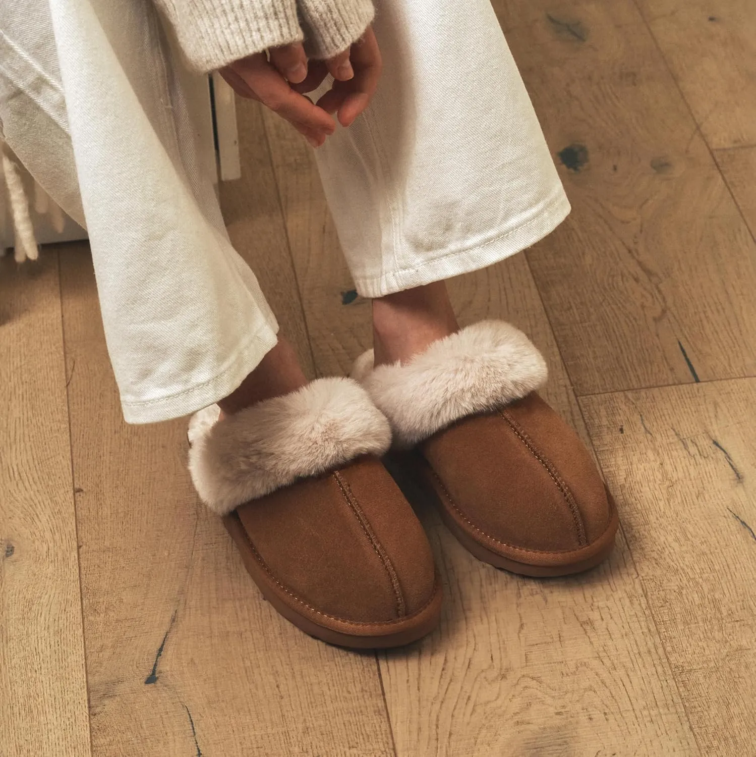 Emma Women's Winter Fur Slippers Genuine Suede Fluffy Faux Fur Memory Foam Cushion, Indoor and Outdoor