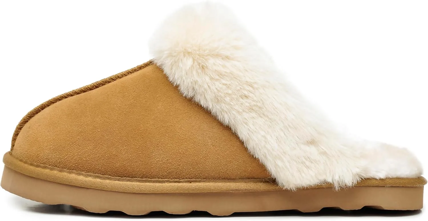 Emma Women's Winter Fur Slippers Genuine Suede Fluffy Faux Fur Memory Foam Cushion, Indoor and Outdoor