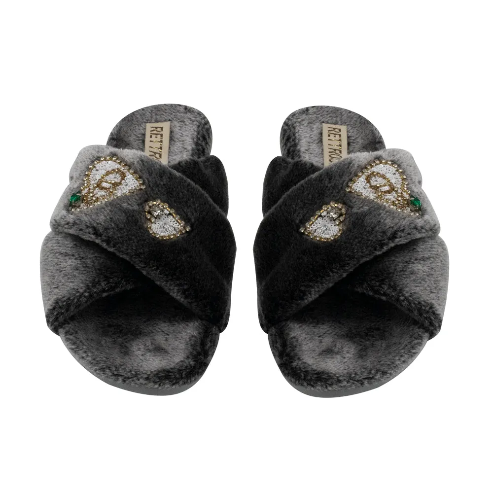 Emmy Charcoal Luxury Plush Diamanté Embellished Handmade Slipper