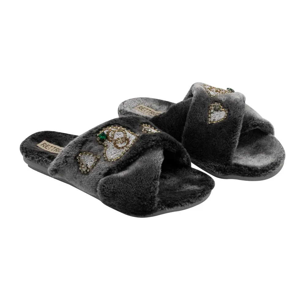 Emmy Charcoal Luxury Plush Diamanté Embellished Handmade Slipper