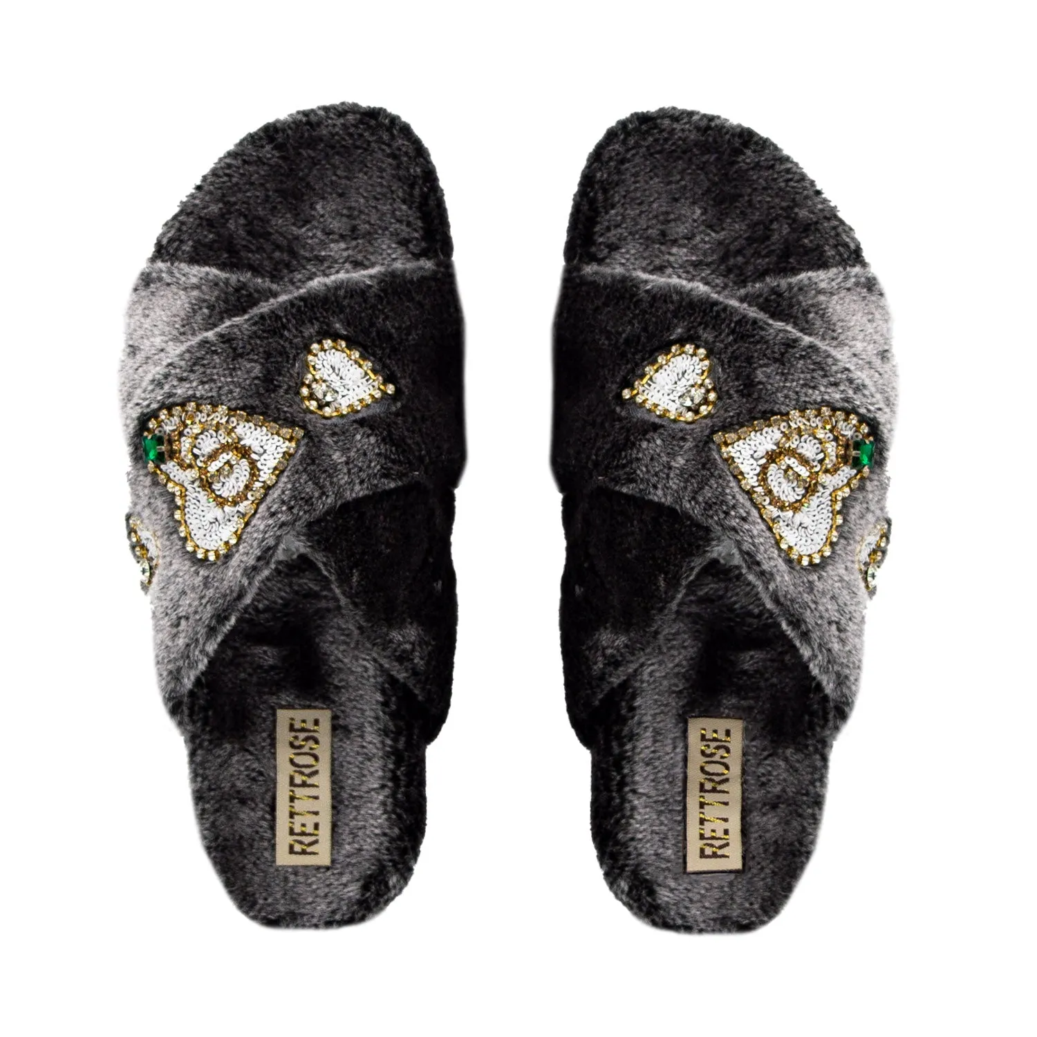 Emmy Charcoal Luxury Plush Diamanté Embellished Handmade Slipper