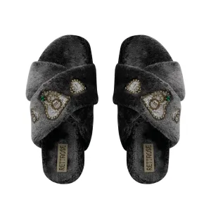 Emmy Charcoal Luxury Plush Diamanté Embellished Handmade Slipper