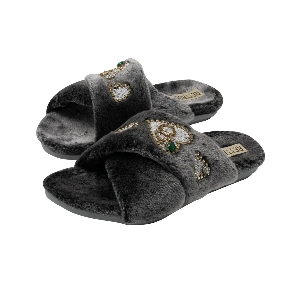 Emmy Charcoal Luxury Plush Diamanté Embellished Handmade Slipper