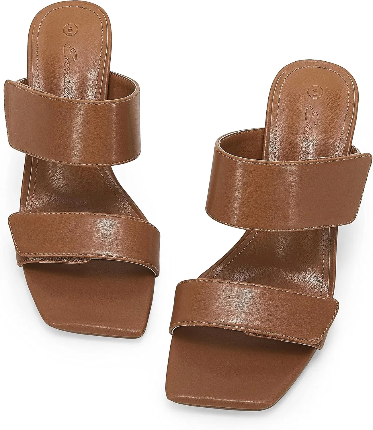 Ermonn Womens Two Strap Heeled Sandals Slip On Square Open Toe Stiletto Faux Leather Backless Mule Heels Slippers