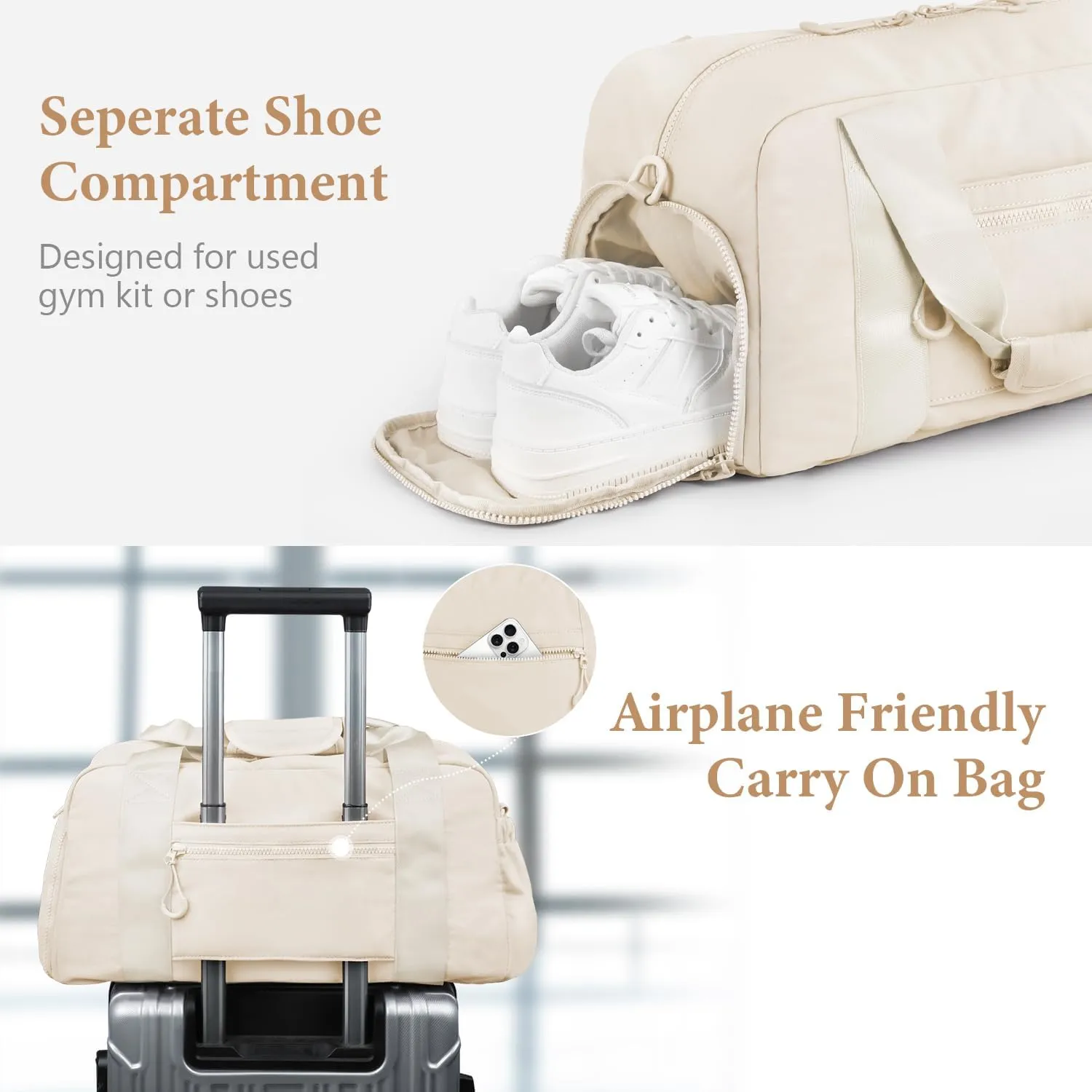 ETRONIK 3-IN-1 Gym Bag for Women, TSA Lightweight Weekender Bags for Women, Travel Duffle Bag for Travel with Shoe Compartment & Wet Pocket, Water Resistant Gym Duffle Backpack, Beige