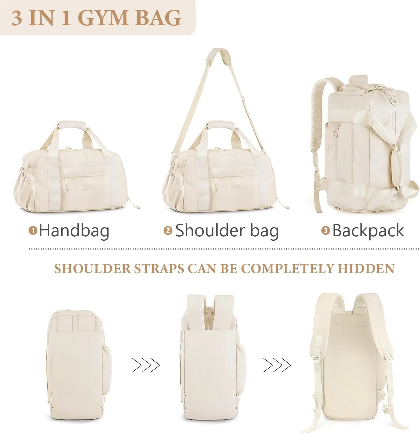 ETRONIK 3-IN-1 Gym Bag for Women, TSA Lightweight Weekender Bags for Women, Travel Duffle Bag for Travel with Shoe Compartment & Wet Pocket, Water Resistant Gym Duffle Backpack, Beige
