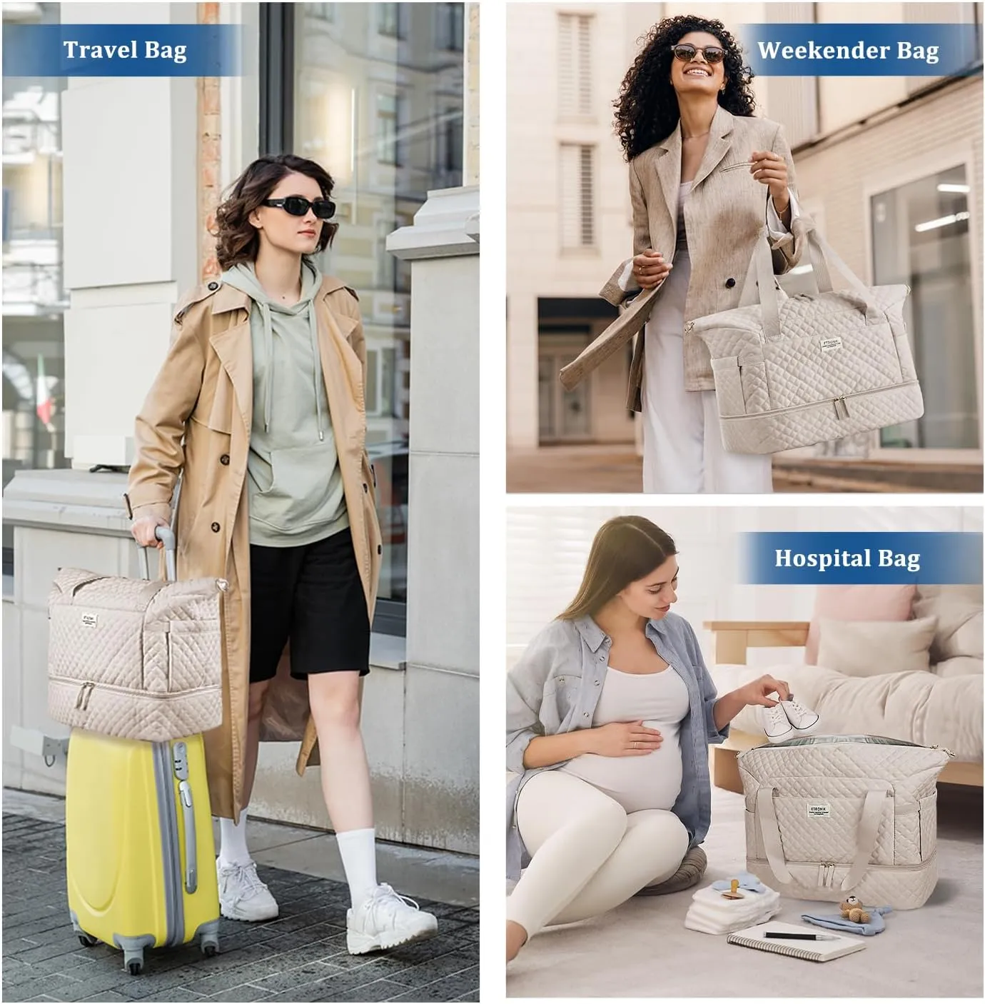 ETRONIK Travel Bag for Women, Gym Duffel Bag with Shoes Compartment, Weekender Overnight Bag with Wet Pocket for Women Travel Gym Daily Use (Khaki)