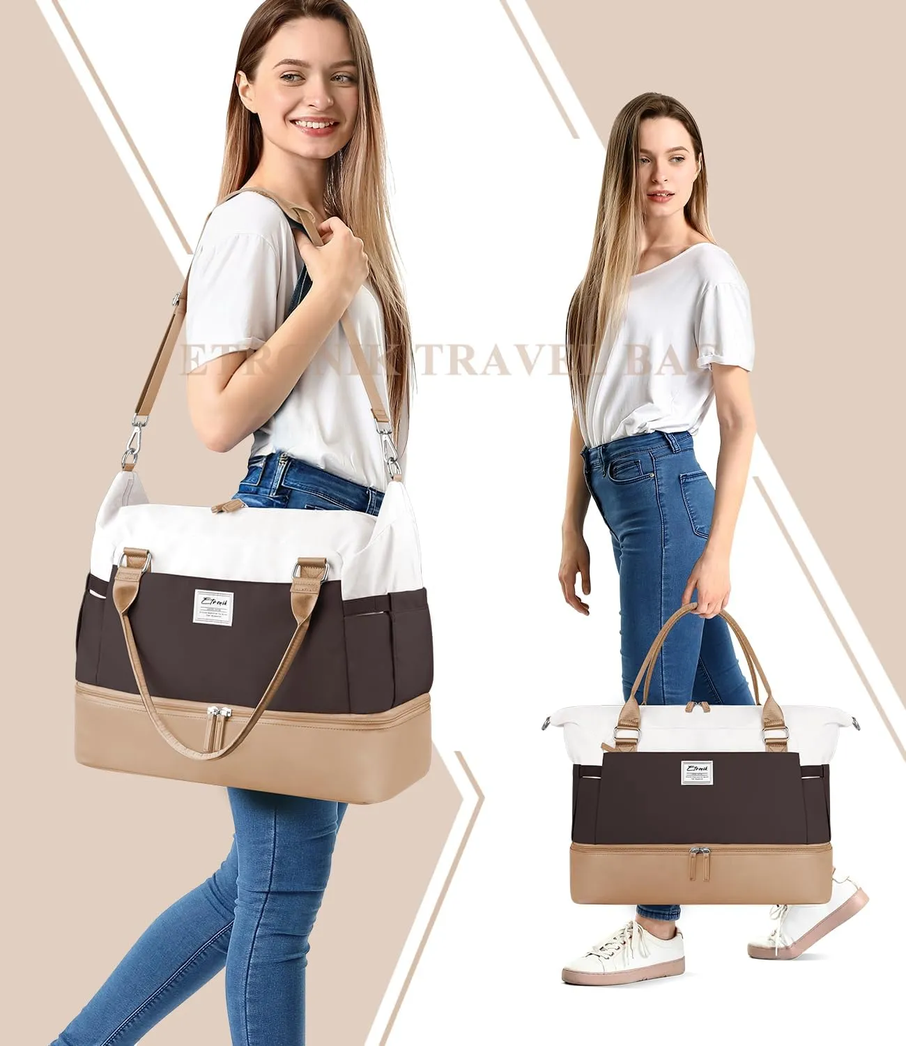 ETRONIK Weekender Bags for Women, Personal Item Travel Bag with Shoe Compartment, Carry On Overnight Bag with Toiletry Bag, Gym Bag with Wet Pocket, Duffel Bag for Travel, Sports, Hospital Khaki&Brown