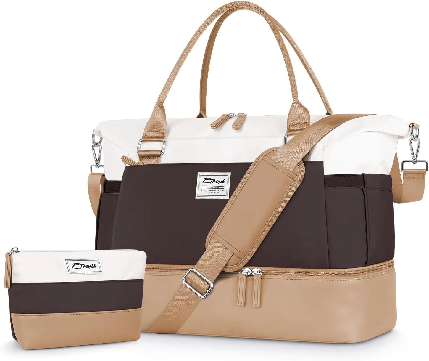ETRONIK Weekender Bags for Women, Personal Item Travel Bag with Shoe Compartment, Carry On Overnight Bag with Toiletry Bag, Gym Bag with Wet Pocket, Duffel Bag for Travel, Sports, Hospital Khaki&Brown