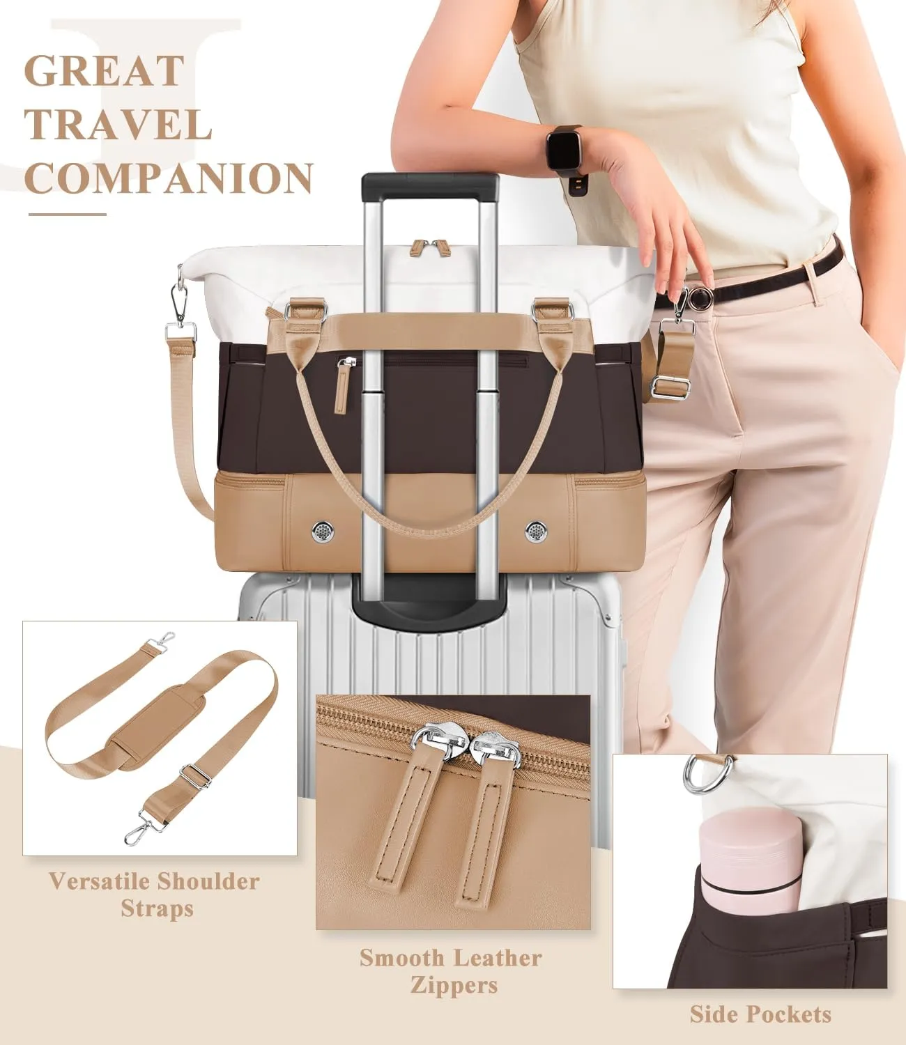 ETRONIK Weekender Bags for Women, Personal Item Travel Bag with Shoe Compartment, Carry On Overnight Bag with Toiletry Bag, Gym Bag with Wet Pocket, Duffel Bag for Travel, Sports, Hospital Khaki&Brown