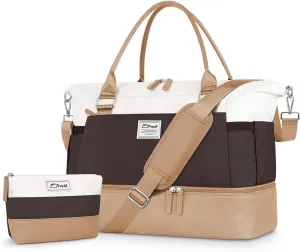 ETRONIK Weekender Bags for Women, Personal Item Travel Bag with Shoe Compartment, Carry On Overnight Bag with Toiletry Bag, Gym Bag with Wet Pocket, Duffel Bag for Travel, Sports, Hospital Khaki&Brown