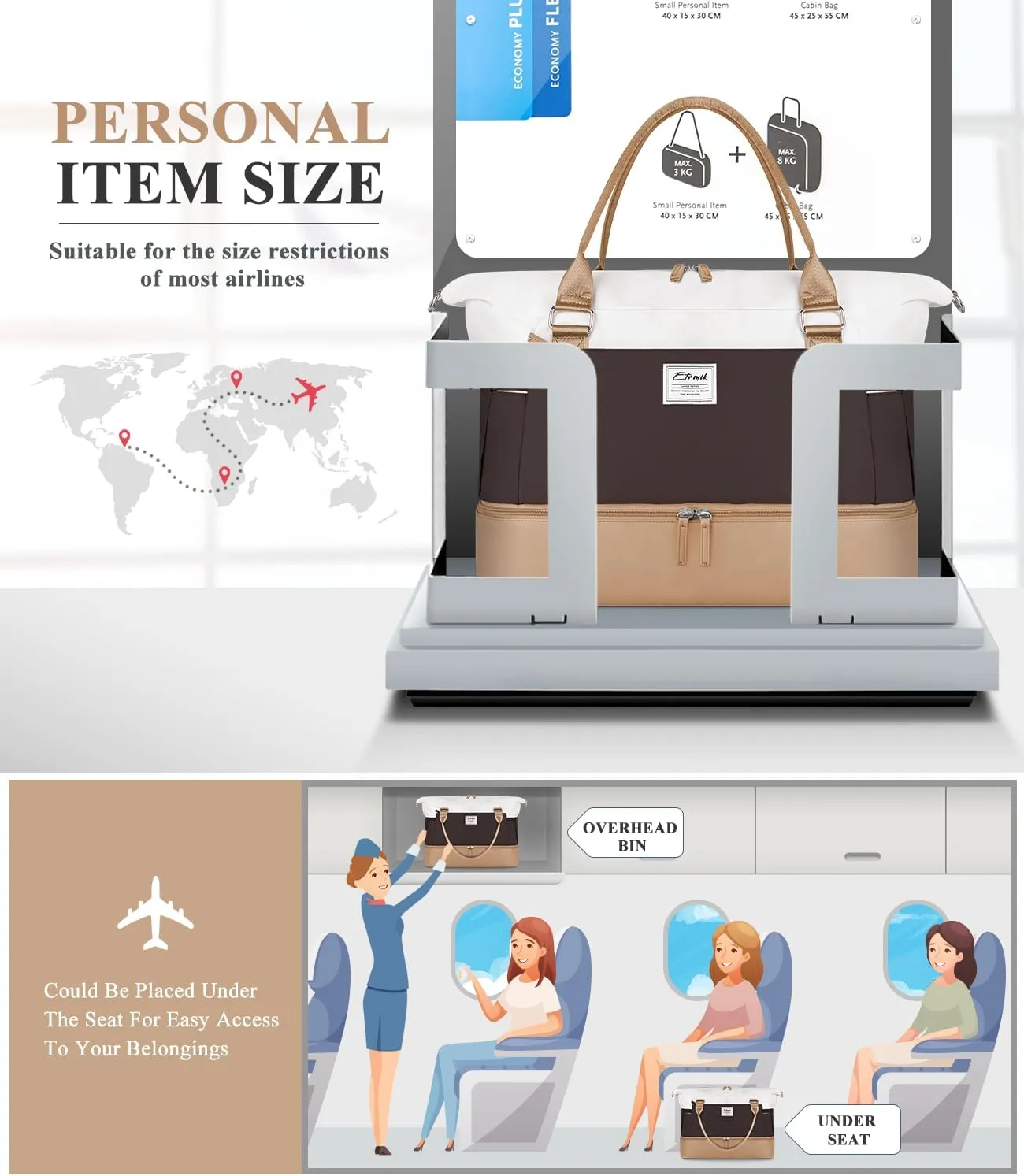 ETRONIK Weekender Bags for Women, Personal Item Travel Bag with Shoe Compartment, Carry On Overnight Bag with Toiletry Bag, Gym Bag with Wet Pocket, Duffel Bag for Travel, Sports, Hospital Khaki&Brown