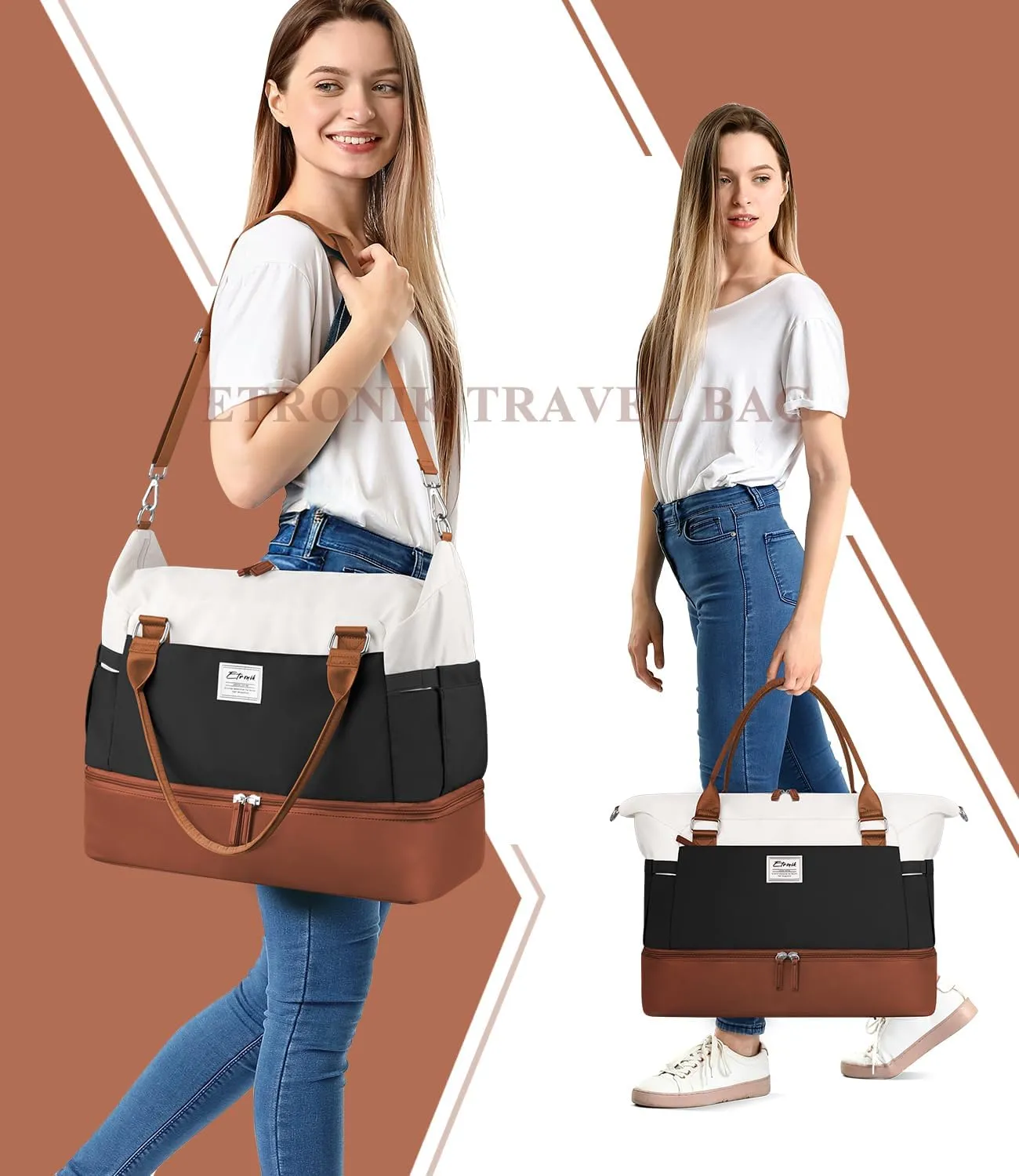 ETRONIK Weekender Bags for Women, Personal Item Travel Bag with Shoe Compartment, Carry On Overnight Bag with Toiletry Bag, Gym Bag with Wet Pocket, Duffel Bag for Travel, Sports, Hospital