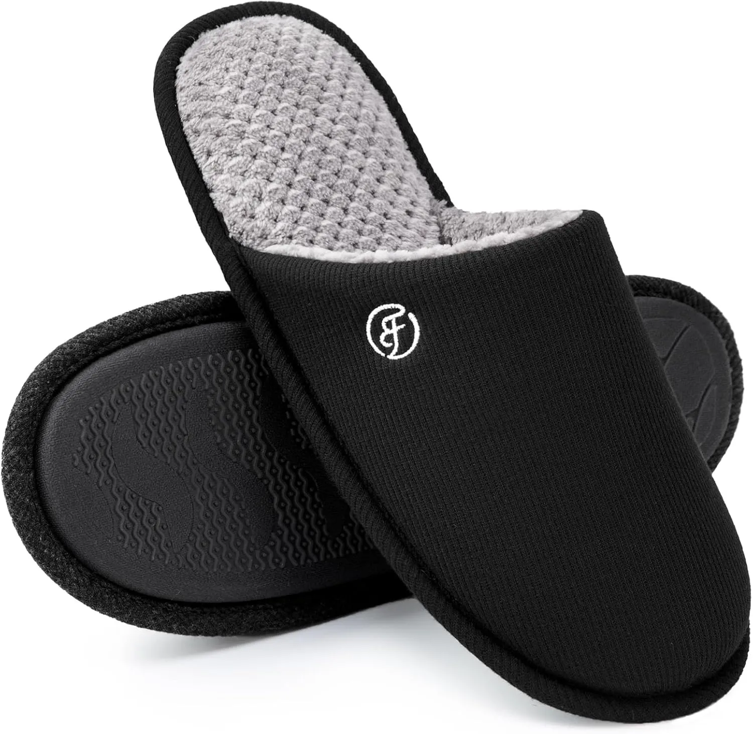 EverFoams Men's Cotton Knit Slippers Lightweight Memory Foam Indoor House Shoes with Anti-Skid Sole