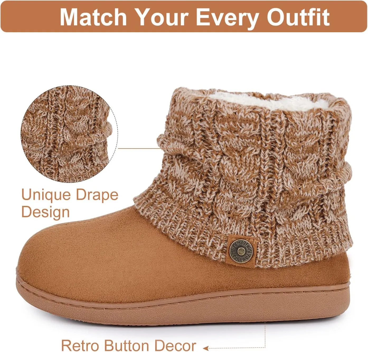 FamilyFairy Women's Woolen Yarn Knit Bootie Slippers Comfy Warm Plush Fleece Memory Foam House Shoes for Indoor Outdoor