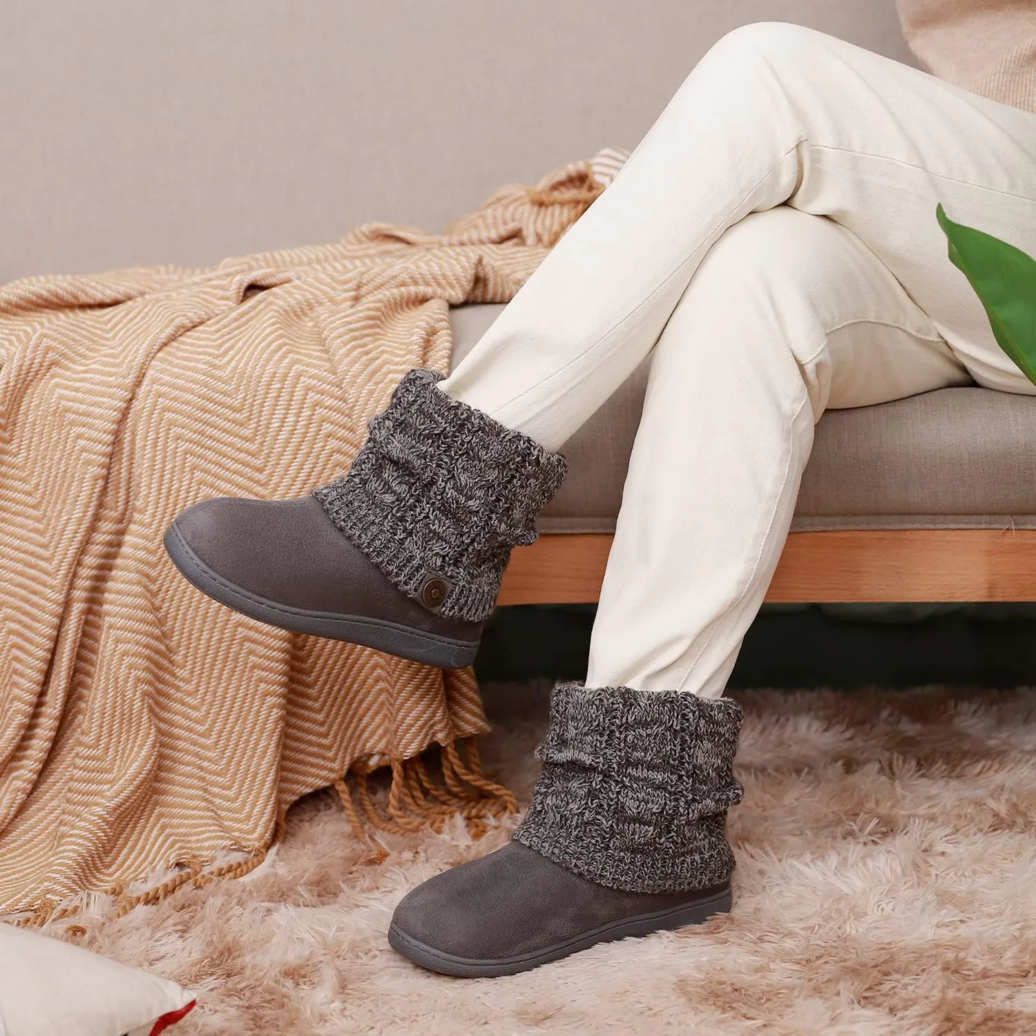 FamilyFairy Women's Woolen Yarn Knit Bootie Slippers Comfy Warm Plush Fleece Memory Foam House Shoes for Indoor Outdoor