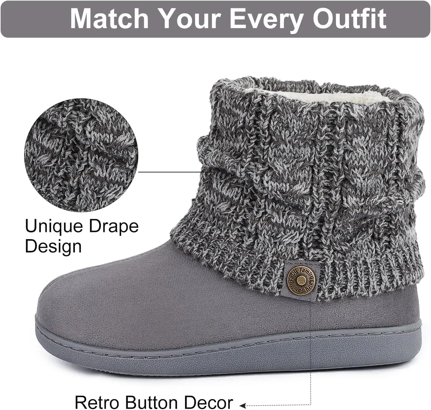 FamilyFairy Women's Woolen Yarn Knit Bootie Slippers Comfy Warm Plush Fleece Memory Foam House Shoes for Indoor Outdoor