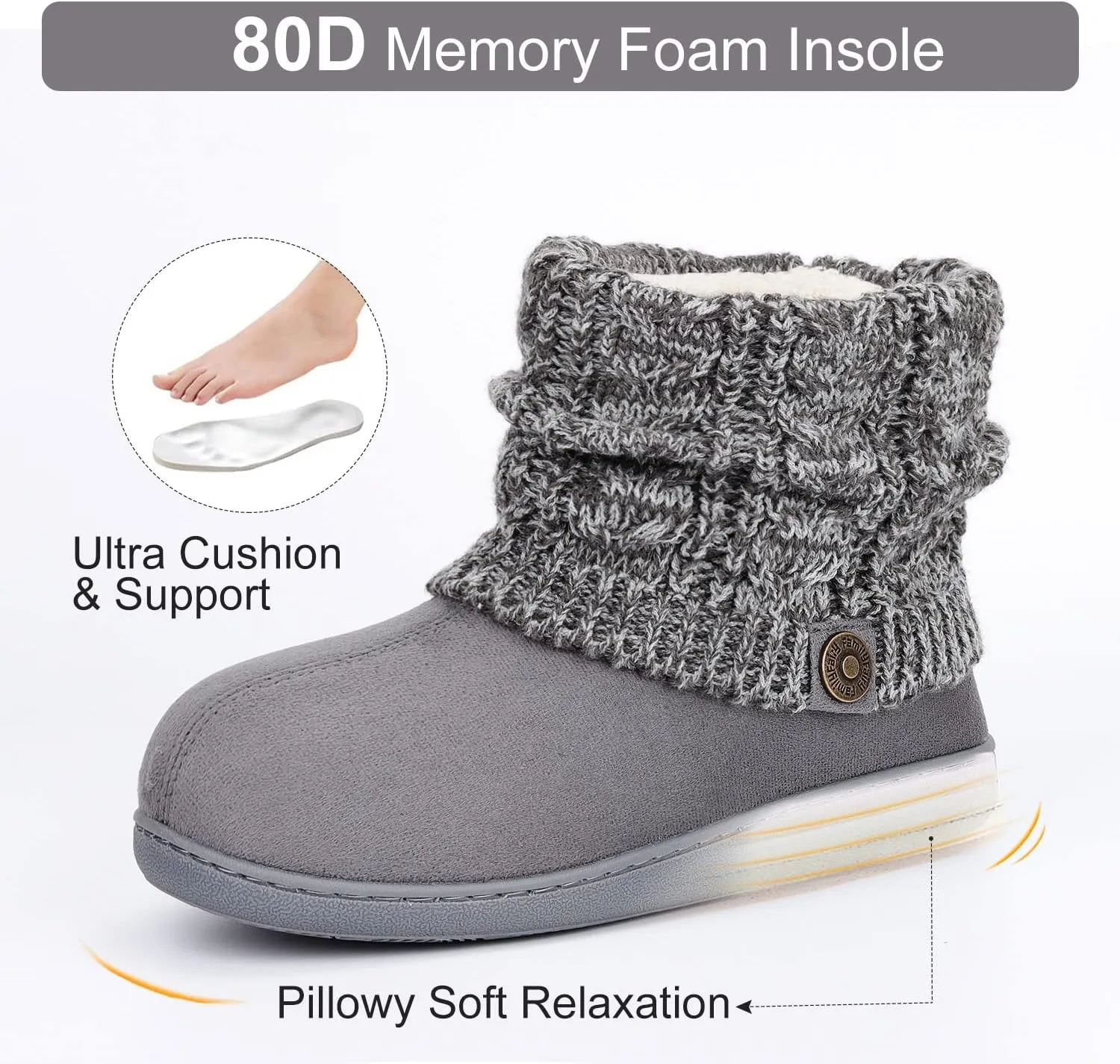 FamilyFairy Women's Woolen Yarn Knit Bootie Slippers Comfy Warm Plush Fleece Memory Foam House Shoes for Indoor Outdoor
