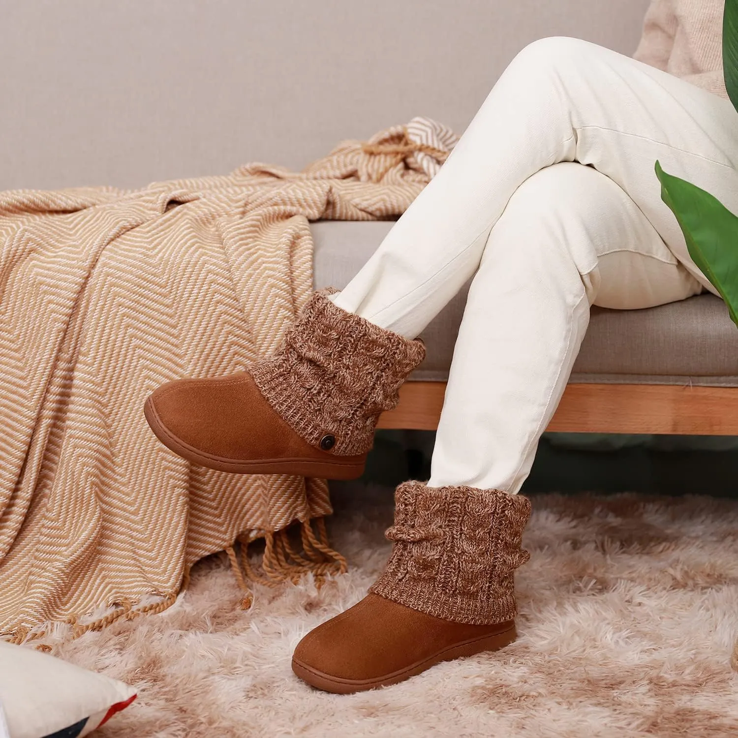 FamilyFairy Women's Woolen Yarn Knit Bootie Slippers Comfy Warm Plush Fleece Memory Foam House Shoes for Indoor Outdoor