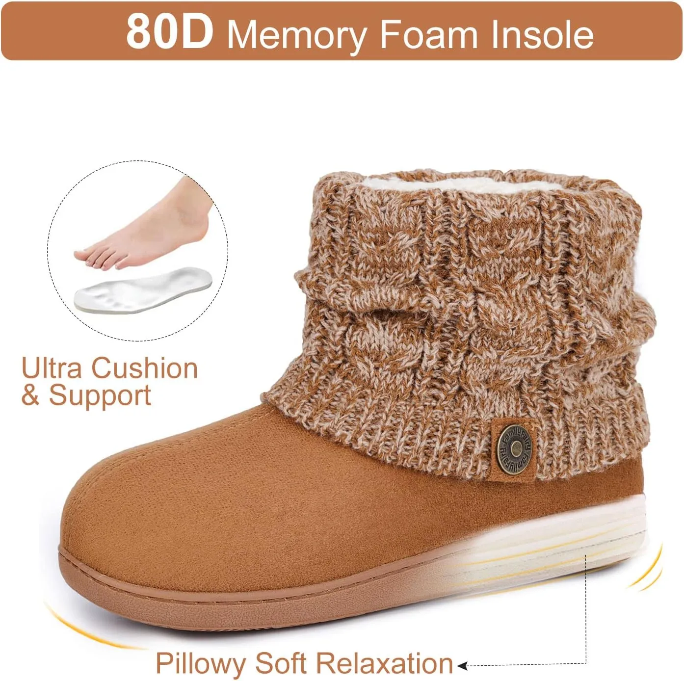 FamilyFairy Women's Woolen Yarn Knit Bootie Slippers Comfy Warm Plush Fleece Memory Foam House Shoes for Indoor Outdoor