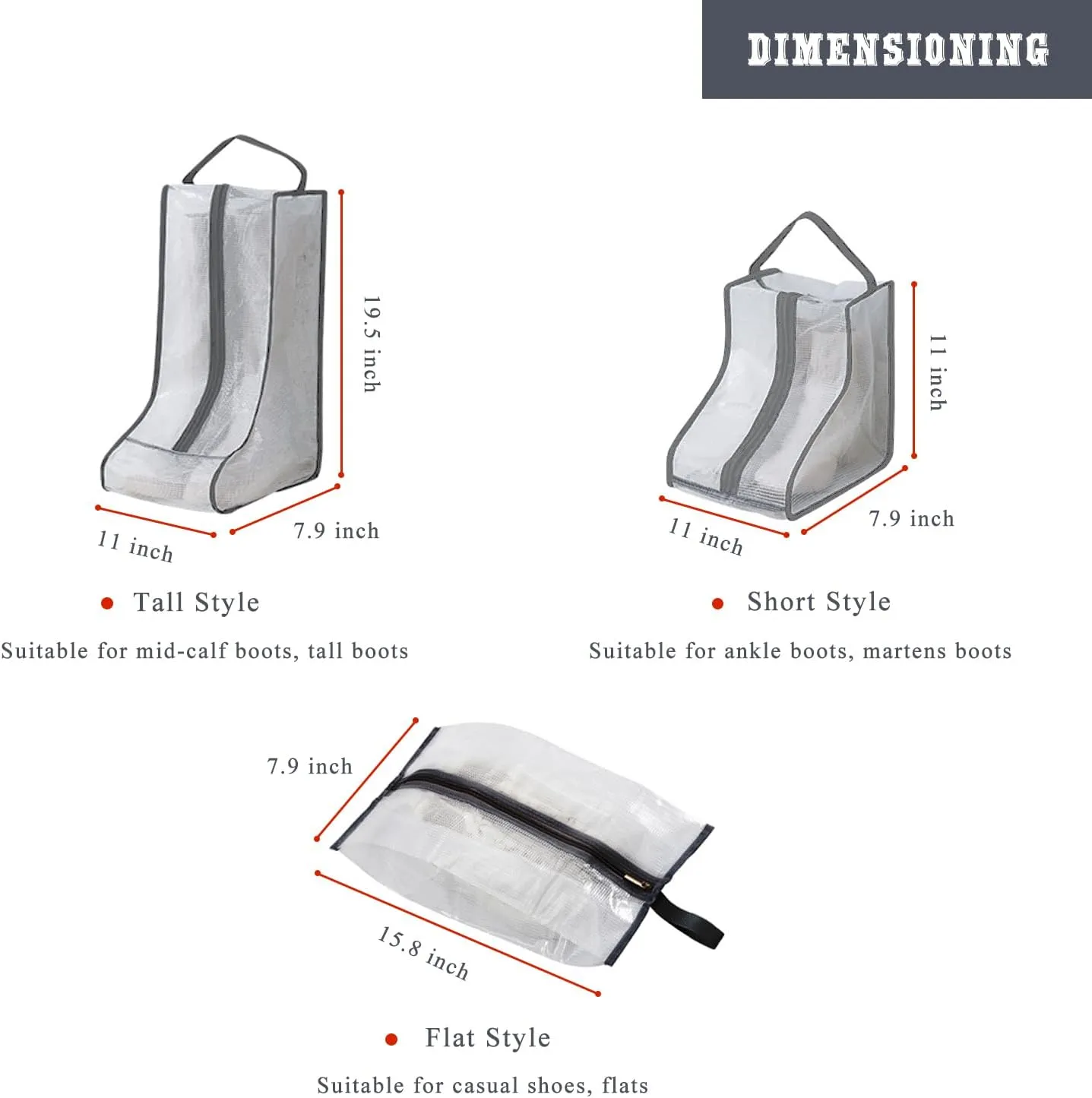 Fazhongfa Boot Shoe Travel Bags for Luggage Packing, Clear Stackable Storage Dust Waterproof Short and Tall Boots Storage in Closet 2 Set Hanging Shoe Bags (Clear Gray-Ankle Boots)
