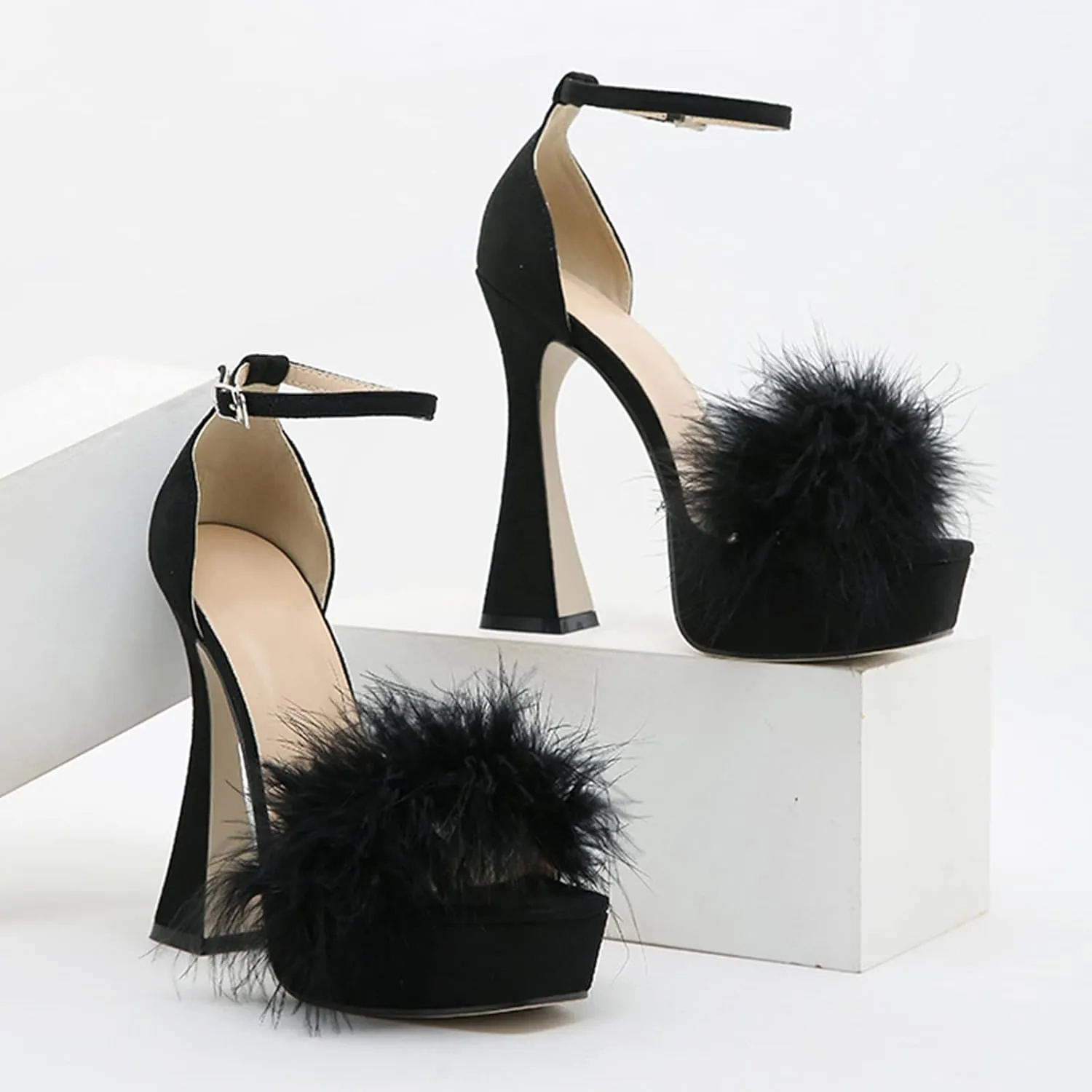 Feather Fluffy High Heels Platform Sandals Women Peep Toe Ankle Buckle Strap Elegant Wedding Dress Shoes Sandalias