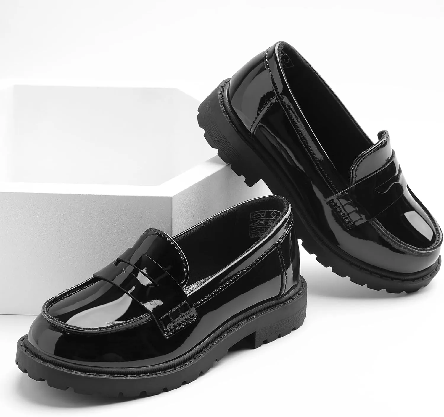 festooning Toddler Girls Penny Loafers Platform Slip On Faux Mirror Leather Casual School Uniform Dress Loafer Shoes for Little Kid