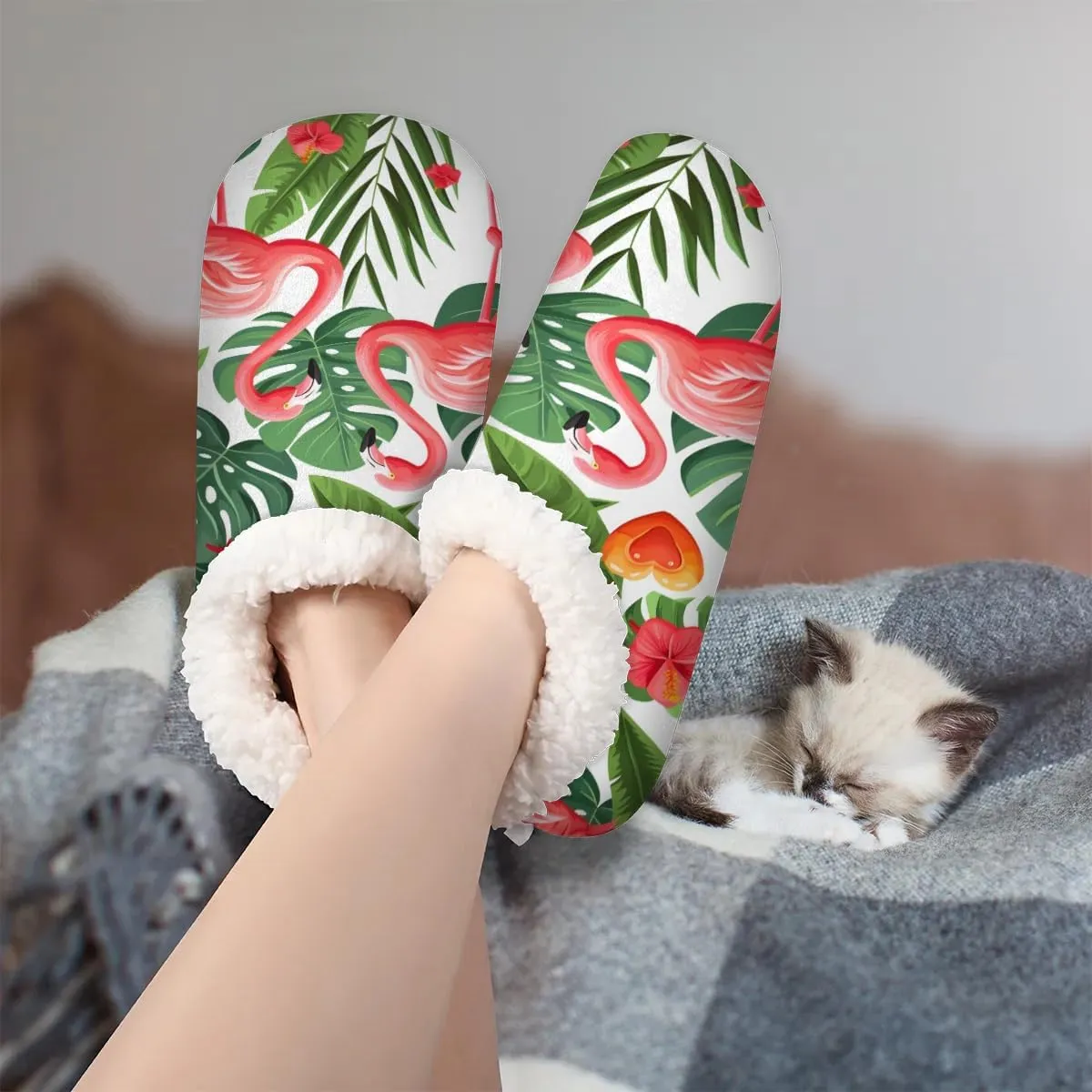 Flamingo Pineapples Palm Leaves Women's Slippers Socks Cozy Fuzzy Sherpa House Shoes Winter House Bedroom Slippers