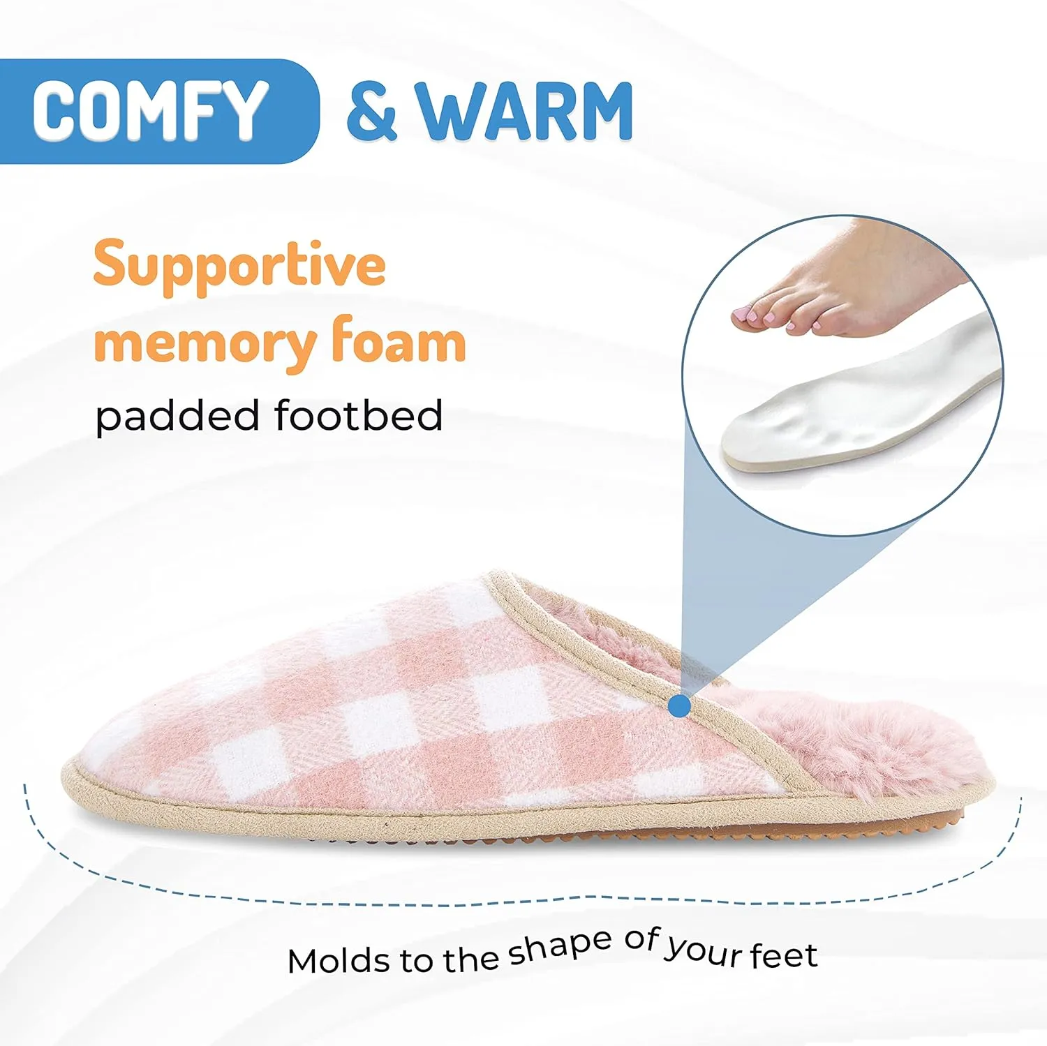 Floopi Slippers for Women Kelly Indoor Outdoor Plaid Faux Sherpa Fur Lined Scuff Slipper W/Memory Foam
