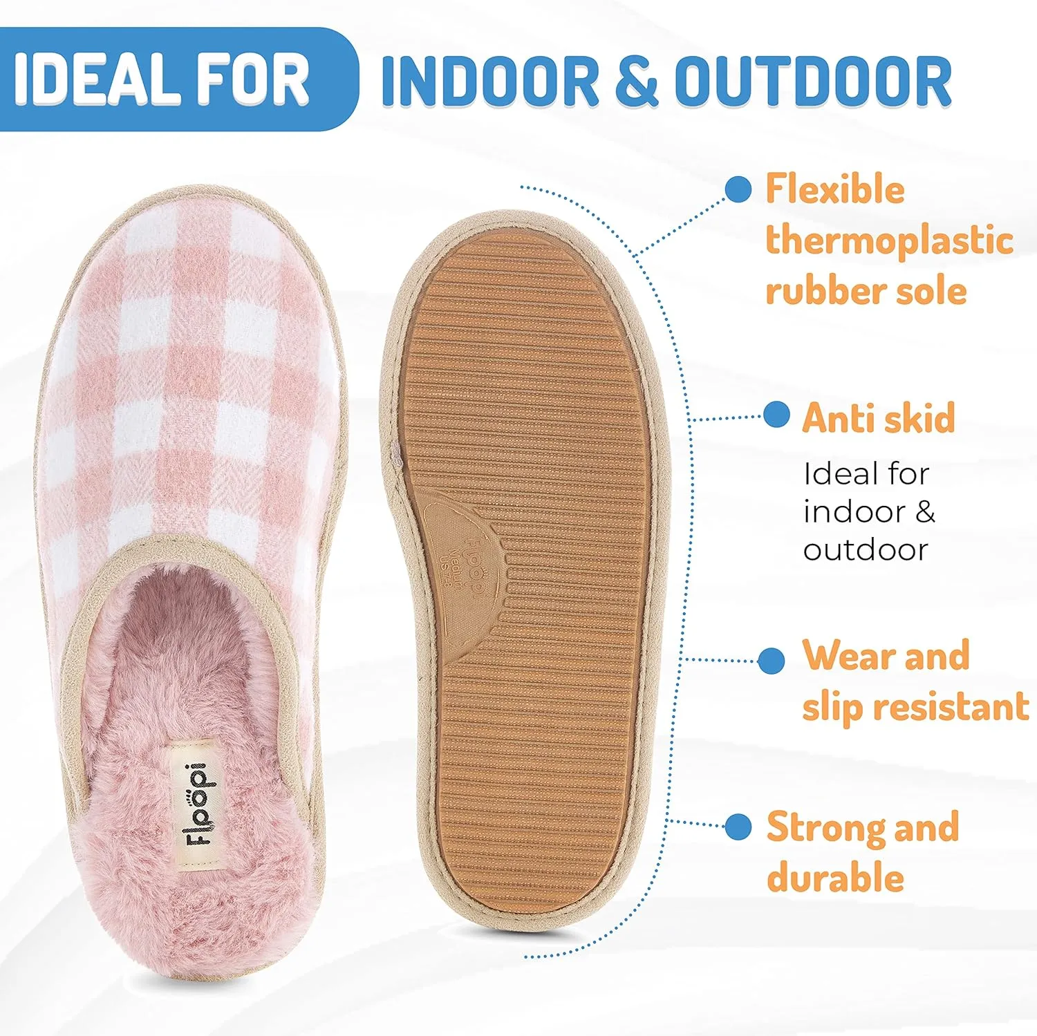 Floopi Slippers for Women Kelly Indoor Outdoor Plaid Faux Sherpa Fur Lined Scuff Slipper W/Memory Foam