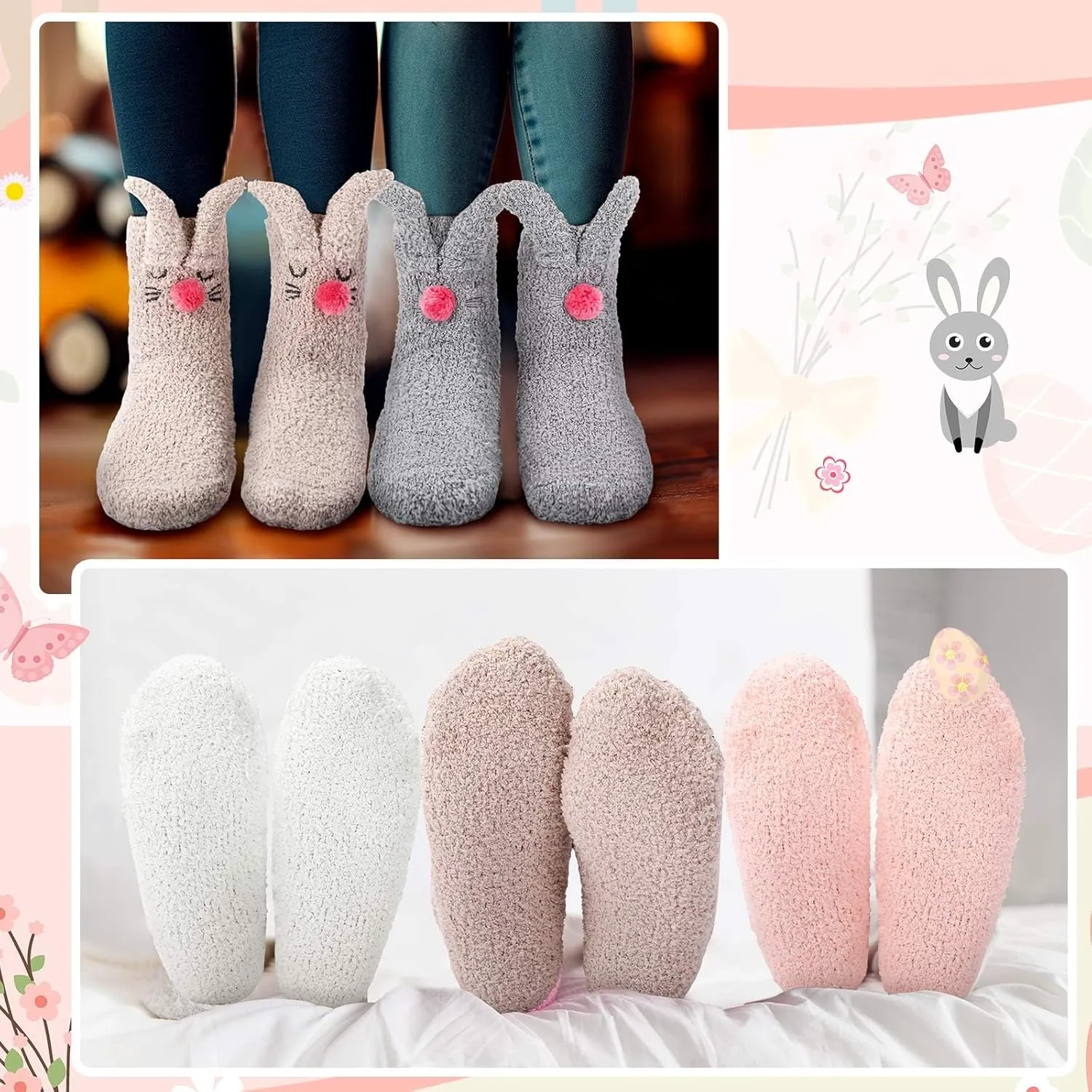 Foaincore 4 Pairs Easter Bunny Slipper Socks Rabbit Fuzzy Socks Soft Warm Animal Socks Cute Warm Sleeping Socks for Women