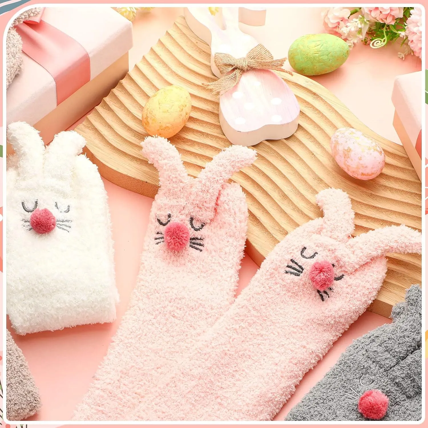 Foaincore 4 Pairs Easter Bunny Slipper Socks Rabbit Fuzzy Socks Soft Warm Animal Socks Cute Warm Sleeping Socks for Women