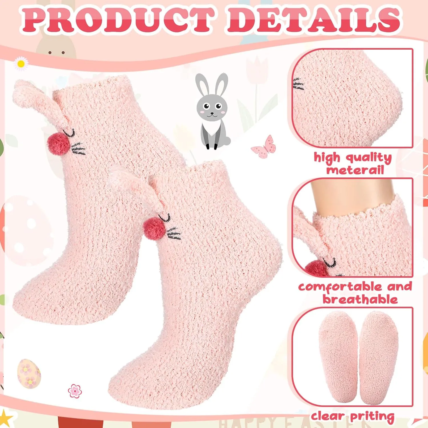 Foaincore 4 Pairs Easter Bunny Slipper Socks Rabbit Fuzzy Socks Soft Warm Animal Socks Cute Warm Sleeping Socks for Women