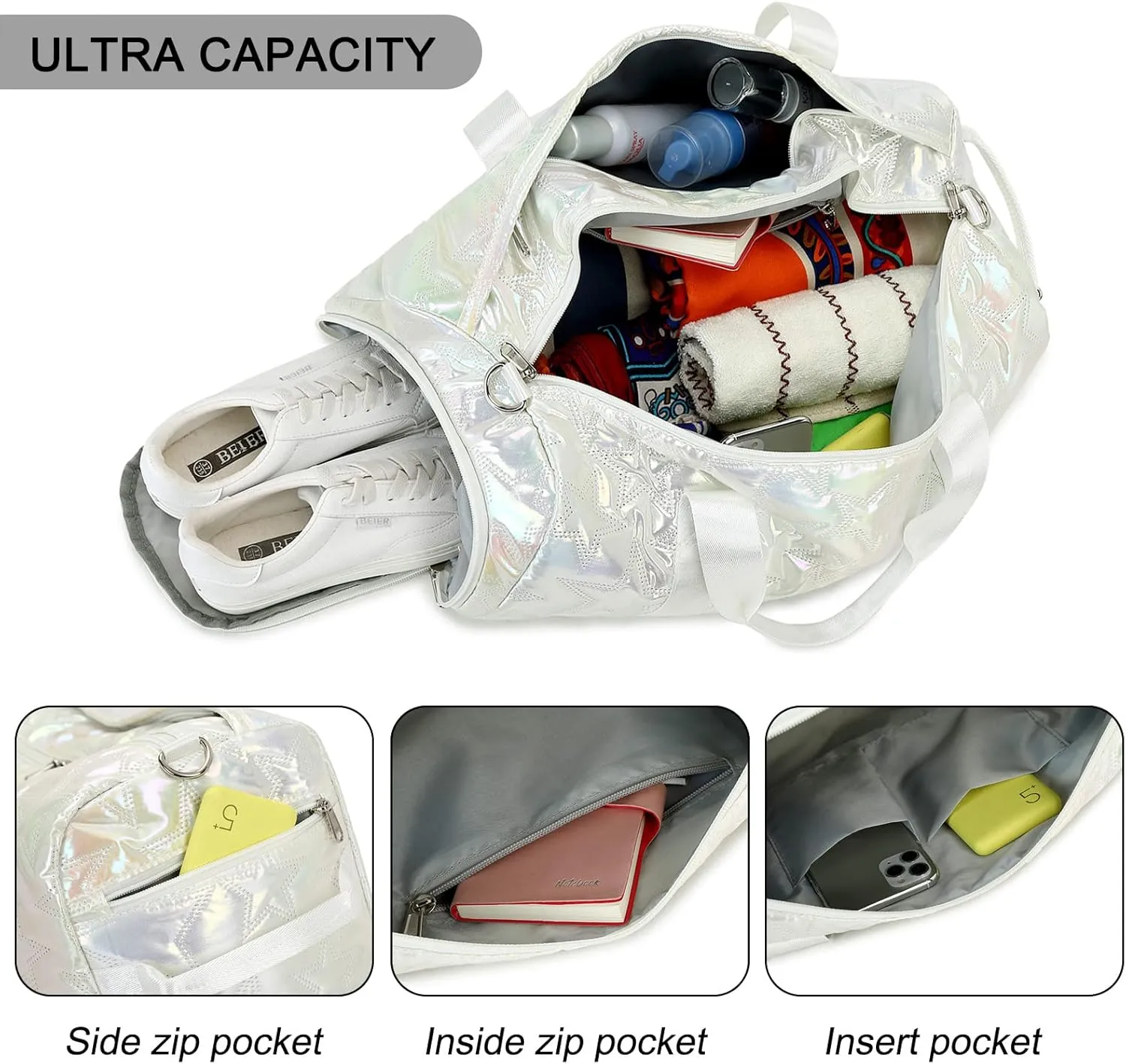 Forestfish Dance Bag For Girls, Small Gym Bag With Shoes Compartment Weekender Overnight Bag For Travel Lightweight Waterproof, Silver