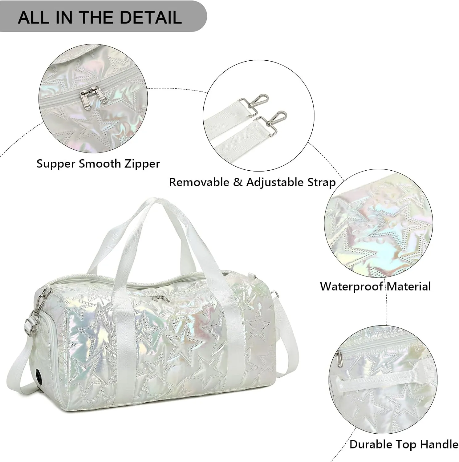 Forestfish Dance Bag For Girls, Small Gym Bag With Shoes Compartment Weekender Overnight Bag For Travel Lightweight Waterproof, Silver