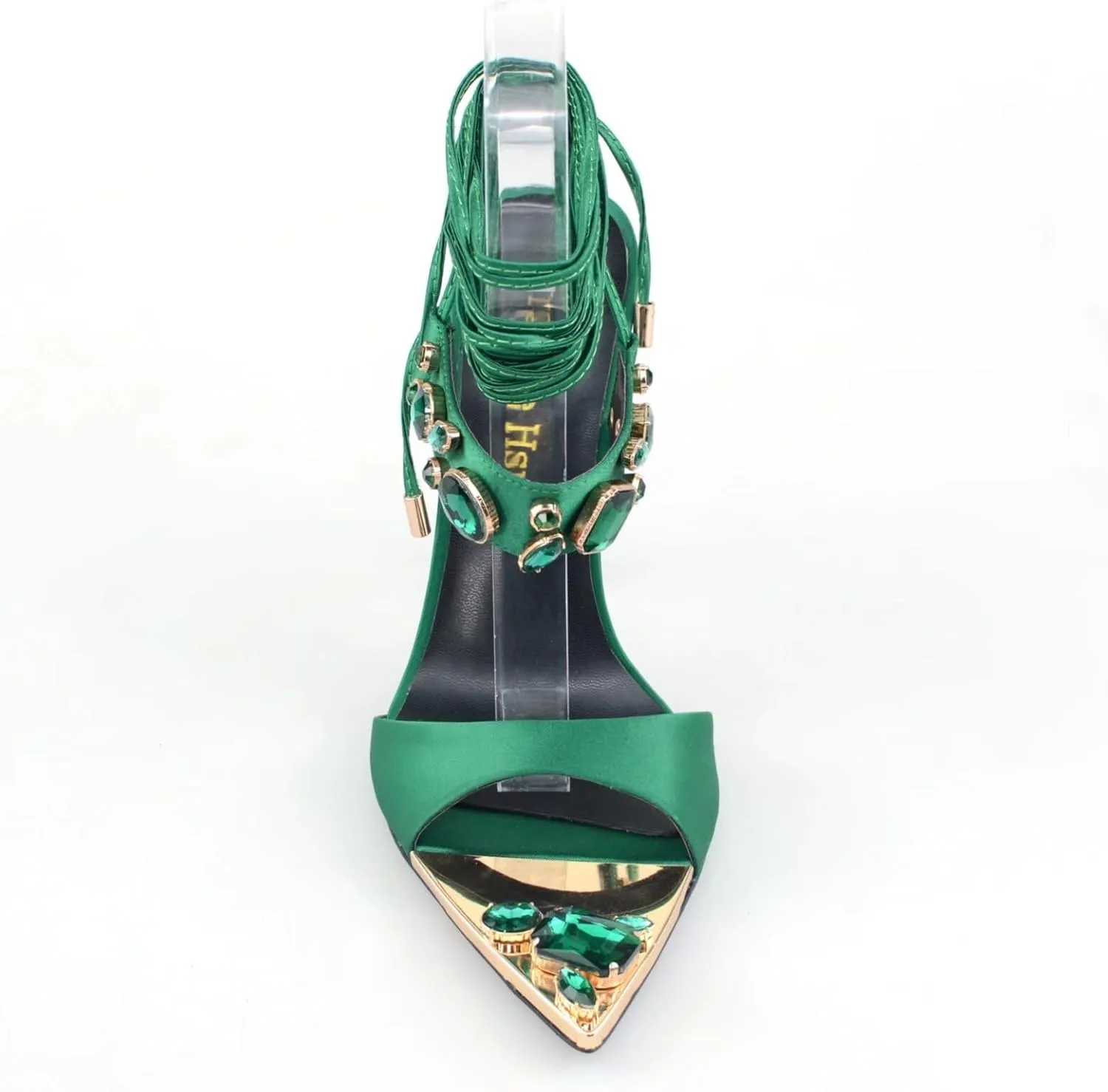 Frankie Hsu Women's Large Big Size Lace Up Luxury Crystal Rhinestone Green Gem Stiletto Satin High Heeled Sandals