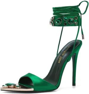 Frankie Hsu Women's Large Big Size Lace Up Luxury Crystal Rhinestone Green Gem Stiletto Satin High Heeled Sandals