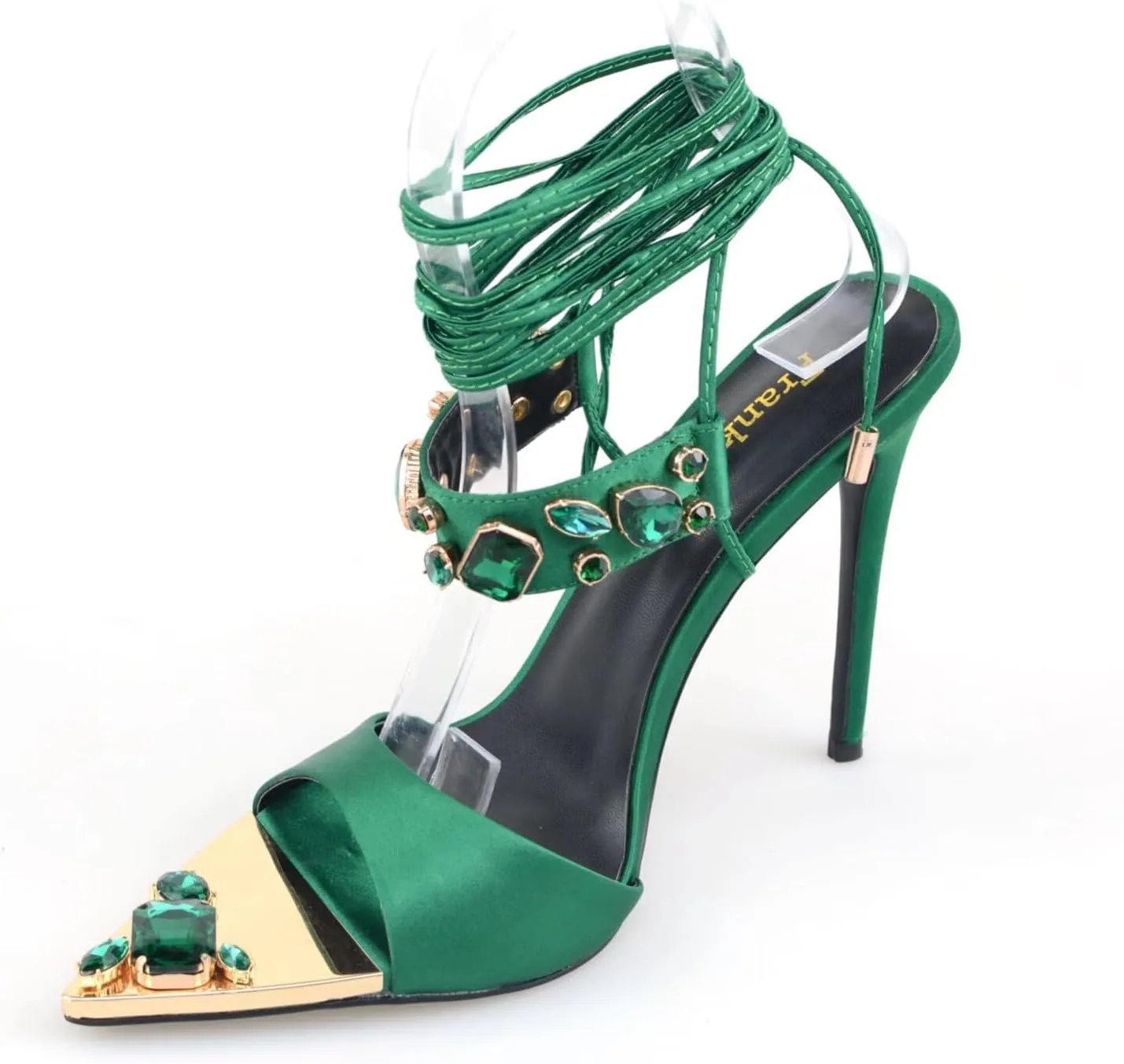 Frankie Hsu Women's Large Big Size Lace Up Luxury Crystal Rhinestone Green Gem Stiletto Satin High Heeled Sandals