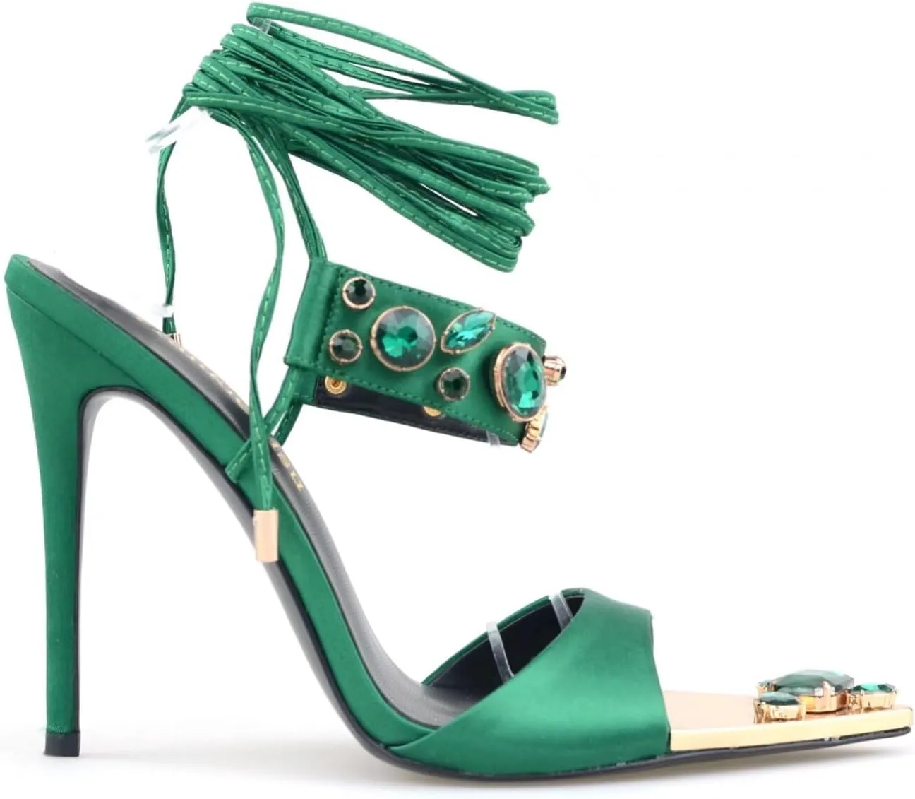 Frankie Hsu Women's Large Big Size Lace Up Luxury Crystal Rhinestone Green Gem Stiletto Satin High Heeled Sandals